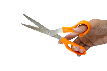 Man hands are holding scissors on a white background.