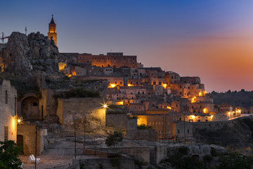 Matera town at twilight.  Scenic view of  the ancient town in south of Italy