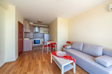 Modern living room with kitchen. Interior photography.