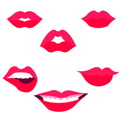 Woman's lip gestures set. Girl mouths close up with red lipstick makeup expressing different emotions