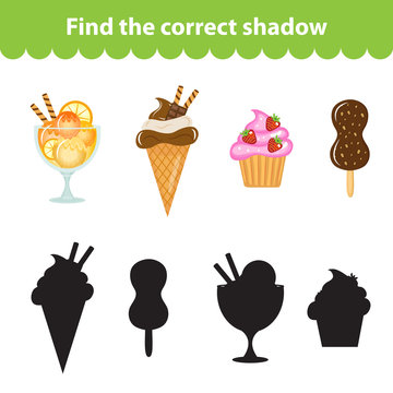 Children's educational game, find correct shadow silhouette. Sweets, ice cream, set the game to find the right shade. Vector illustration