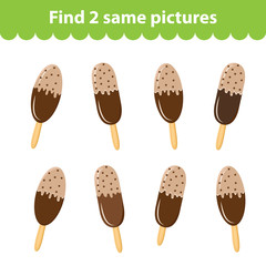 Children's educational game. Find two same pictures. Set of ice cream for the game find two same pictures. Vector illustration.