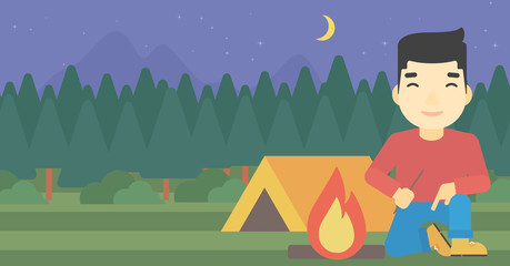Obraz premium Man kindling campfire vector illustration.