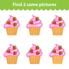 Children's educational game. Find two same pictures. Set of cupcakes for the game find two same pictures. Vector illustration.