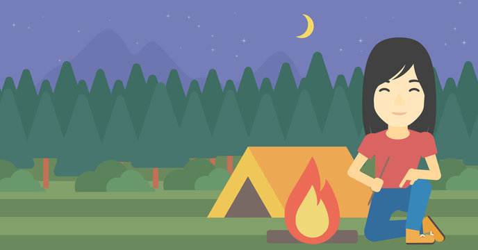 Woman kindling campfire vector illustration.