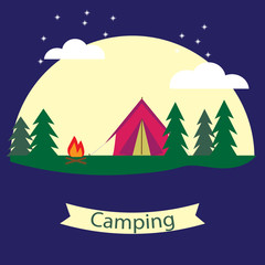 Vector poster on the theme of camping with a tent, a bonfire against the bright moon ,stars and dark sky with lettering Camping