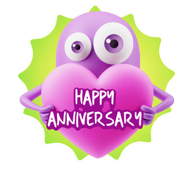 3d Rendering. Love Emoticon Face Holding Heart saying Happy Anni