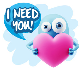 3d Rendering. Love Emoticon Face Holding Heart saying I Need You