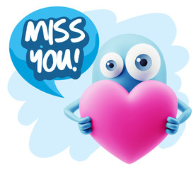 3d Rendering. Love Emoticon Face Holding Heart saying Miss You w