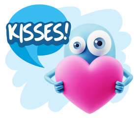 3d Rendering. Love Emoticon Face Holding Heart saying Kisses wit