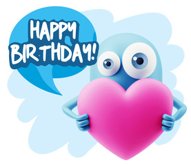 Fototapeta premium 3d Rendering. Love Emoticon Face Holding Heart saying Happy Birt
