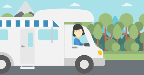 Woman driving motor home vector illustration.