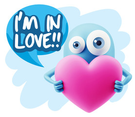 3d Rendering. Love Emoticon Face Holding Heart saying I'm in Lov