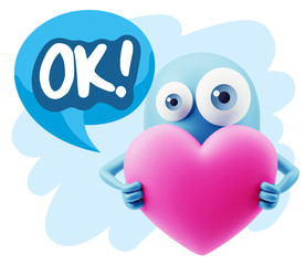 3d Rendering. Love Emoticon Face Holding Heart saying Ok with Co