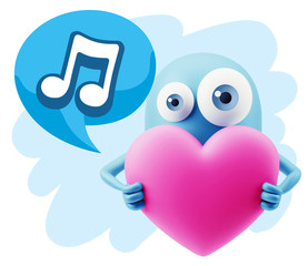 3d Rendering. Love Emoticon Face Holding Heart saying Music Symb