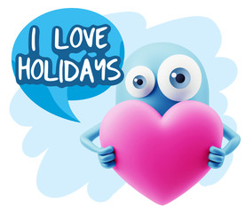 3d Rendering. Love Emoticon Face Holding Heart saying I Love Hol