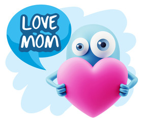 3d Rendering. Love Emoticon Face Holding Heart saying Love Mom w