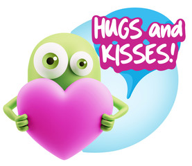 3d Rendering. Love Emoticon Face Holding Heart saying Hugs And K