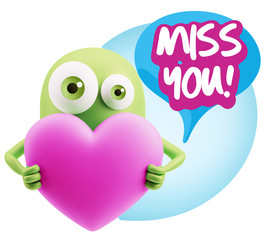 3d Rendering. Love Emoticon Face Holding Heart saying Miss You w