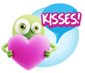 Fototapeta premium 3d Rendering. Love Emoticon Face Holding Heart saying Kisses wit