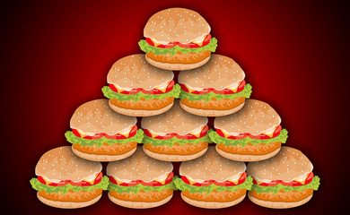 Hamburgers Pyramid with Meat, Lettuce, Cheese and Tomato