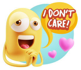  3d Rendering. Love Emoticon Face saying I Don't Care with Color