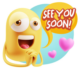  3d Rendering. Love Emoticon Face saying See You Soon with Color