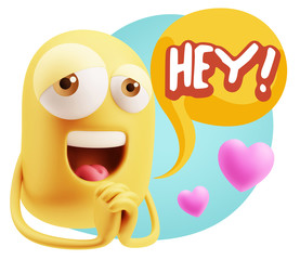  3d Rendering. Love Emoticon Face saying Hey with Colorful Speec