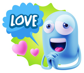  3d Rendering. Love Emoticon Face saying Love with Colorful Spee