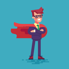 Young man in a business suit and red cape superhero standing in a confident pose with his arms crossed. 

Business concept of leadership and success. Flat vector illustration.