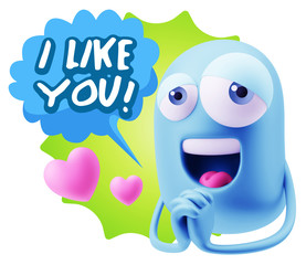 3d Rendering. Love Emoticon Face saying I Like You with Colorfu