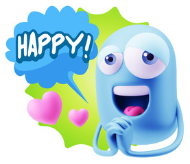  3d Rendering. Love Emoticon Face saying Happy with Colorful Spe