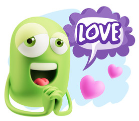  3d Rendering. Love Emoticon Face saying Love with Colorful Spee