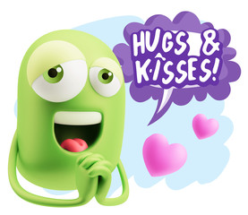  3d Rendering. Love Emoticon Face saying Hugs And Kisses with Co