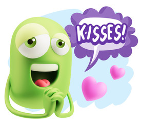  3d Rendering. Love Emoticon Face saying Kisses with Colorful Sp