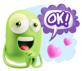  3d Rendering. Love Emoticon Face saying Ok with Colorful Speech