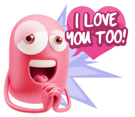  3d Rendering. Love Emoticon Face saying I Love You Too with Col