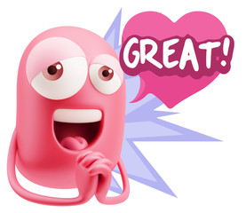  3d Rendering. Love Emoticon Face saying Great with Colorful Spe