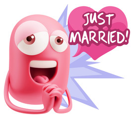  3d Rendering. Love Emoticon Face saying Just Married with Color