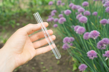 Test tube water in hand, plants in the background.