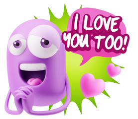  3d Rendering. Love Emoticon Face saying I Love You Too with Col