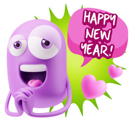  3d Rendering. Love Emoticon Face saying Happy New Year with Col