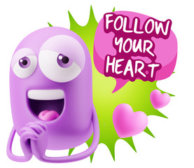  3d Rendering. Love Emoticon Face saying Follow Your Heart with