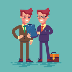 Two businessmen are looking at clipboard. Businessman in formal suit is showing a document on a clipboard to his colleague. Vector illustration in flat style.