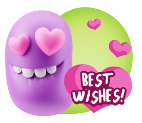 3d Rendering. Emoji in love with heart eyes saying Best Wishes w