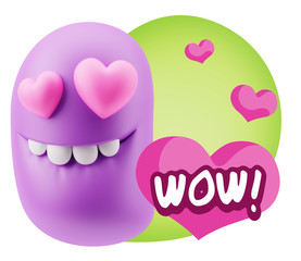 3d Rendering. Emoji in love with heart eyes saying Wow with Colo