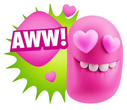 3d Rendering. Emoji in love with heart eyes saying Awww with Col