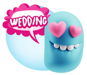 3d Rendering. Emoji in love with heart eyes saying Wedding with