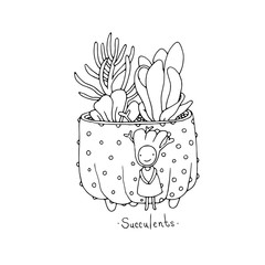 Cartoon cute succulents in pot.