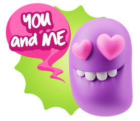 3d Rendering. Emoji in love with heart eyes saying You And Me wi